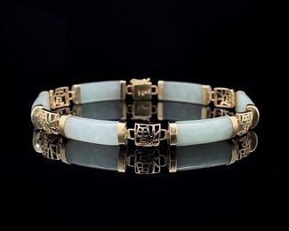 14k Yellow Gold Asian Symbol Jade Bar Link Bracelet - Good Luck and Fortune!