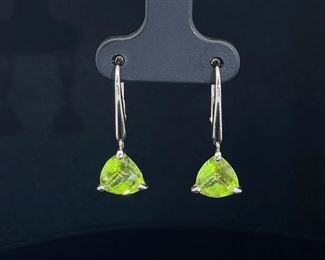 Checkerboard Triangle Peridot Solitaire Dangle Earrings in 14k White Gold w/ Lever Backs