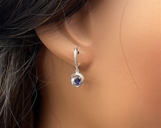 Natural Blue Sapphire & Diamond Love Knot Drop Dangle Hoop Earrings in 14k White Gold