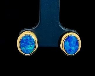 Blue Opal and Gold Earrings