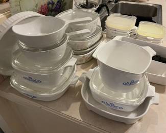 Counter top full of vintage corning ware 