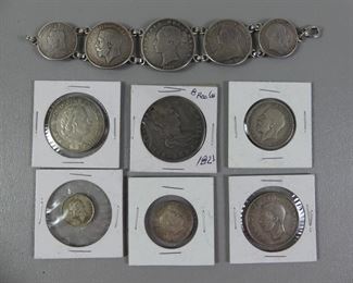 World silver coins and bracelet lot