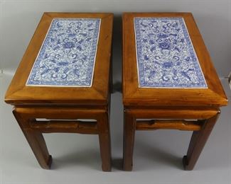 Pair Chinese end tables, inset porcelain