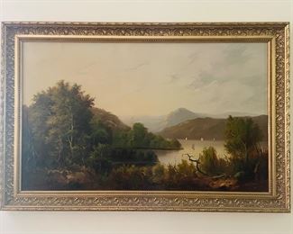 Antique Hudson River Oil Painting on Canvas in Gilded Gold Frame. Size: 35.5x21.5"