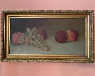 1907 American Fruit Oil Painting on Canvas in antique gilded gold frame. Signed E.C.K. 1907 size: 9x18