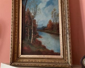 Antique River Scene signed RJM in antique gilded gold frame. 17.5x23"