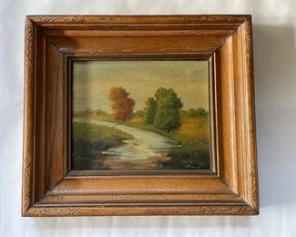 T. Pincus (19th or 20th century) Landscape Oil Painting in carved wood frame. 15.5x13.5"