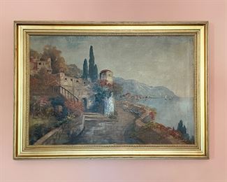 Large 41 1/4 x 29 1/4 Italian Coastal Oil Painting on Canvas