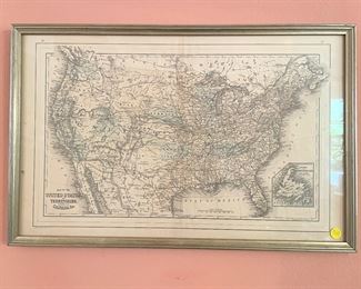Original Framed 1887 Mitchell's Hand Colored Map of the U.S. & Territories