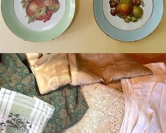 Vintage Fruit Plates & Assorted new and antique table linens. new  kitchen towels