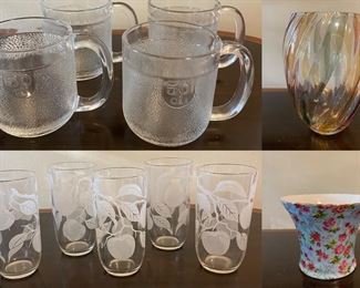 Crate&Barrel Beer Mugs, Ribbon Vase. Vintage Apple Juice Glasses, Floral Planter Pot