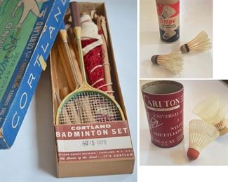1050's Cortland Badmitton Set in Original packaging - set is in new like condition, packaging is in ok condition for age. 1950's Shuttlecocks in original packaging