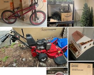 Child Bike, Christmas Lights and Decorative Outdoor Trees with lights, Toro Pro-Line 36 Lawn Mower, Large Hand-Made Bird House/Hotel, Old Magnavox Radio, Lantern Path Lights