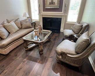 ALL SILK:  Buy separately or the entire living room set! Luxury Sofa, $2000 (2) High Back Chairs $700 EA, with Pillows, Center Coffee $950 Table and Round End Table $500; Square End Table $750.    ENTIRE SET $5150.