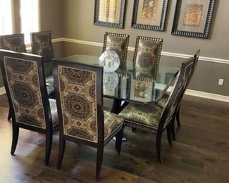 Margue Carson Silk 8 chairs; silver nail studs design around the chair.  90' Table 3/4in - bring the manpower!  $6000 ($20k original purchase cost)