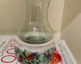 Hand-painted pansy floral 2-piece lantern candlelight.  Glass and wood bottom $20