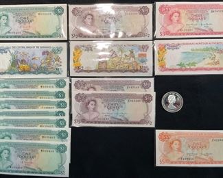 1973 Bahamas 2 Dollar Silver Coin and 1968 - 1974 Bahamas Bank Notes