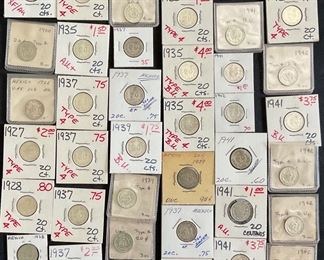 Group of 42 Mexico 20 Centavos 0.720 Silver Coins