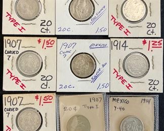 Group of 9 Mexico 20 Centavos Silver Coins
