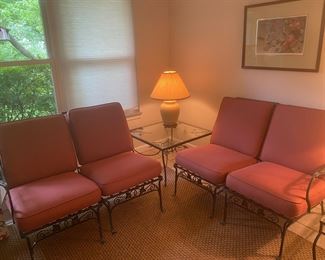 Vintage Salterini Wrought Iron Sofa W/ New Custom Cushions.      30" Square Glass top End Table