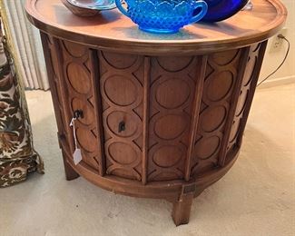 Mid Century Kent Coffey Walnut Drum Side Table Pair