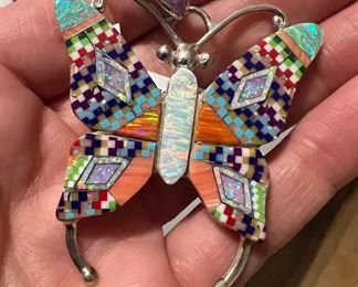 Zuni inlaid sterling butterfly pendant