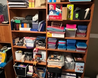 Office supplies, desk, chair and book cases