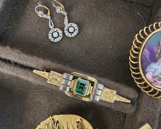 Edwardian Platinum & Diamond Earrings + Art Deco Gold & Tourmaline Brooch + Mid-Century European 18K Gold Designer Brooch + 14K Gold Money Clip