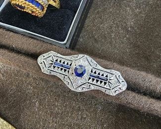 Art Deco 14k White Gold & Sapphire Brooch