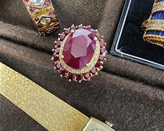 Heavy 14K Gold, Ruby & Diamond Ring /w Certificate + BULOVA / DIOR 14K Gold & Diamond Watch (/w Box).