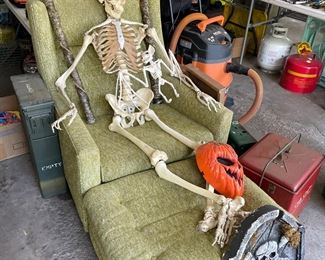 Vintage chair and footstool, classroom grade skeleton, Halloween decor 