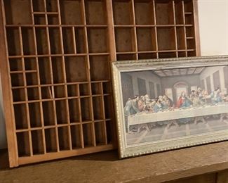 Vintage print tray, vintage framed last supper print 