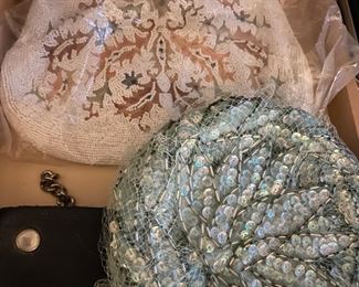 Vintage pillbox sequin hat, beaded purse, wallet 