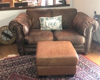 Leather Love Seat, Ottoman