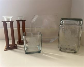 TOI073- Etched Glassware, Ornate Glass Vase & Candle Holders
