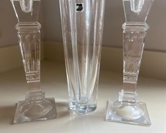 TOI180- (2) Neiman Marcus Crystal Candle Holders & Sevres French Crystal Vase