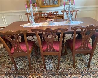 Mahogany Dining Table With 8 Chairs And 2 Leaves & Antique Schierholz Porcelain Pair Of Elaborate Candle Holders With Bowl Supported By Putti,