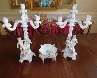 ANTIQUE SCHIERHOLZ PORCELAIN GARNITURE
PAIR OF ELABORATE CANDLE HOLDERS BOWL SUPPORTED BY PUTTI