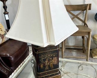 #4) - $65 -Tin Hand Painted Lamp with Silk Shade.  26" Tall.  