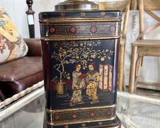 #4) - $65 -Tin Hand Painted Lamp with Silk Shade.  26" Tall.  