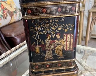 #4) - $65 -Tin Hand Painted Lamp with Silk Shade.  26" Tall.  