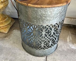#14) - $35 -Pierced Tin Decorative Storage Can.  14 Inch Diameter. 18 Inch Tall.