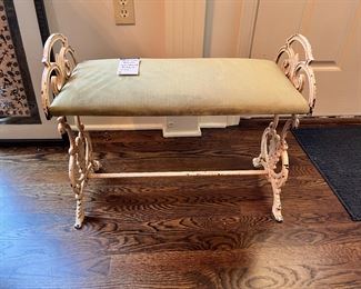 #22) - $150 - Antique Wrought Iron Upholstered Seat Bench.  