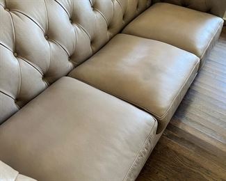 #23) - $650 -Grey Leather Sofa with Down Cushions.  Button Tufted Chesterfield Pattern.  81 x 38 x 31.  18 Inch Seat.  