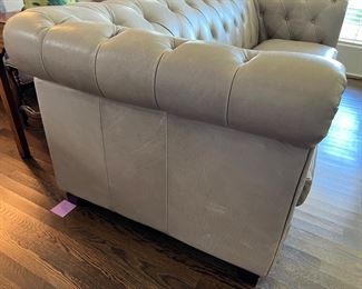 #23) - $650 -Grey Leather Sofa with Down Cushions.  Button Tufted Chesterfield Pattern.  81 x 38 x 31.  18 Inch Seat.  