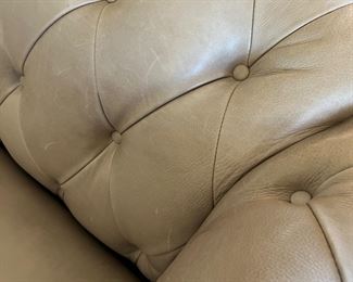 #23) - $650 -Grey Leather Sofa with Down Cushions.  Button Tufted Chesterfield Pattern.  81 x 38 x 31.  18 Inch Seat.  