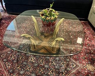 #105)- $250 - Vintage Henredon Scene II Burled Wood Coffee table with Beveled Glass. 1/2 Inch thick beveled glass. 44X44x16.  Available for pick up near the Country Club Plaza in KCMO