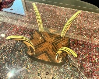 #105)- $250 - Vintage Henredon Scene II Burled Wood Coffee table with Beveled Glass. 1/2 Inch thick beveled glass. 44X44x16.  Available for pick up near the Country Club Plaza in KCMO