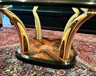 #105)- $250 - Vintage Henredon Scene II Burled Wood Coffee table with Beveled Glass. 1/2 Inch thick beveled glass. 44X44x16.  Available for pick up near the Country Club Plaza in KCMO