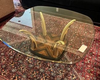 #105)- $250 - Vintage Henredon Scene II Burled Wood Coffee table with Beveled Glass. 1/2 Inch thick beveled glass. 44X44x16.  Available for pick up near the Country Club Plaza in KCMO